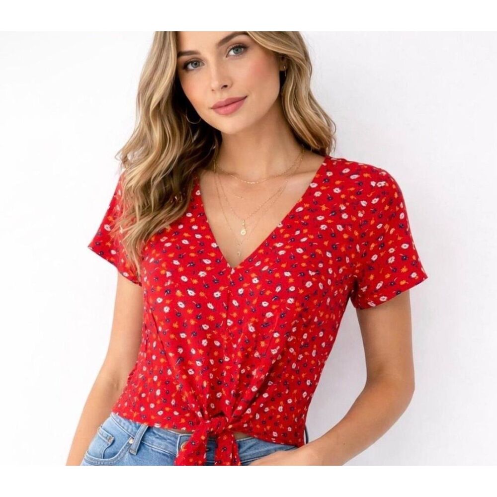 Madewell Prairie Posies Extra Small XS Red Novel Tie-Front Floral Blouse Top